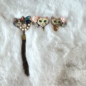 Pearled Cat Face Ear Clips with Tassel Accent Trio Set